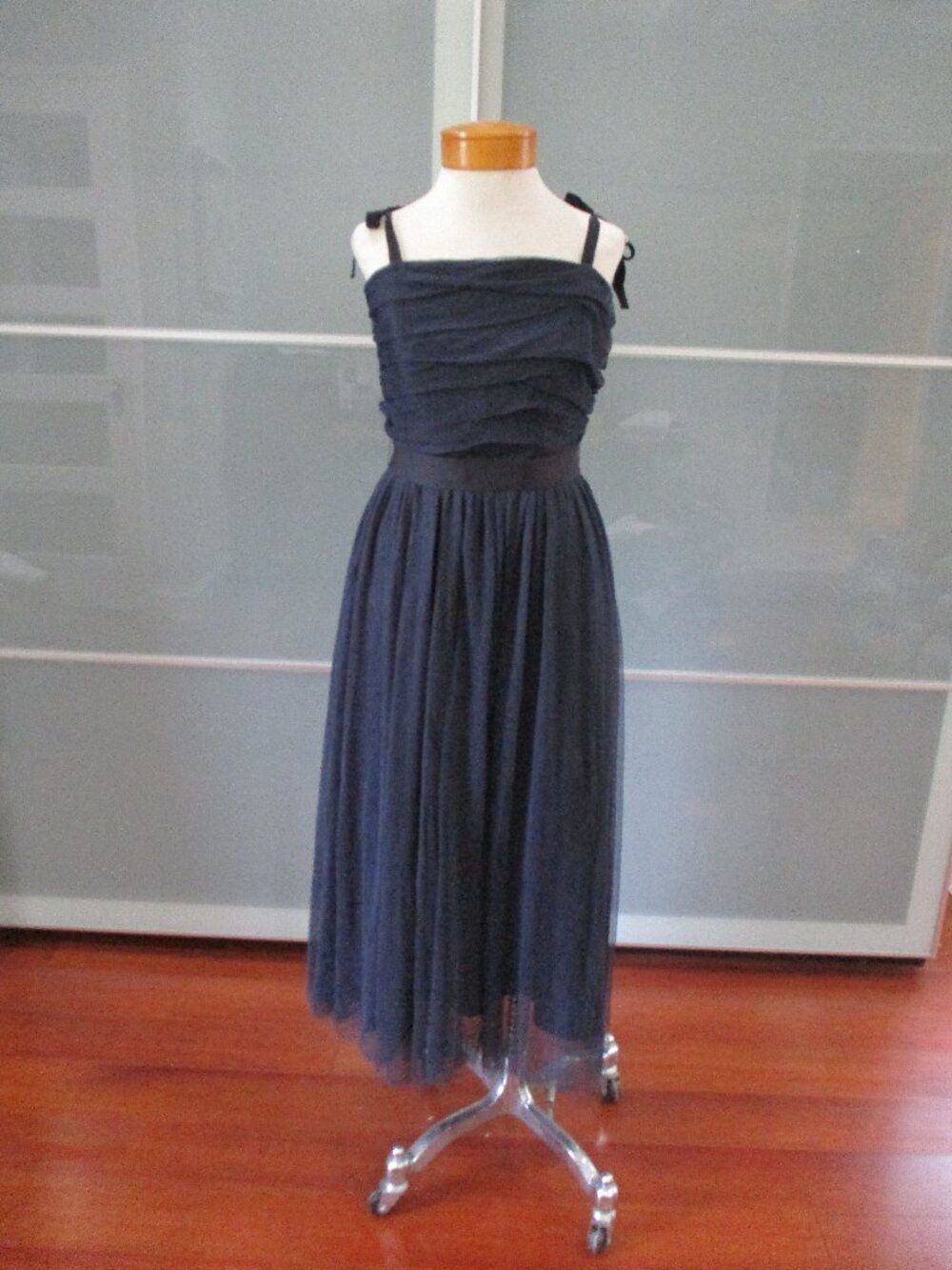 Sandro Paris Navy Spaghetti Strap Tulle Fit & Flare Midi Dress